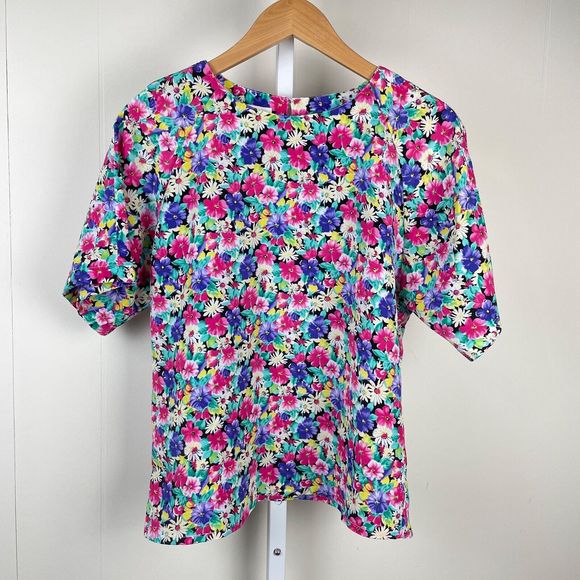 Vintage Impressions of California Bright Floral Boxy Short Sleeve Top Medium - Picture 1 of 7